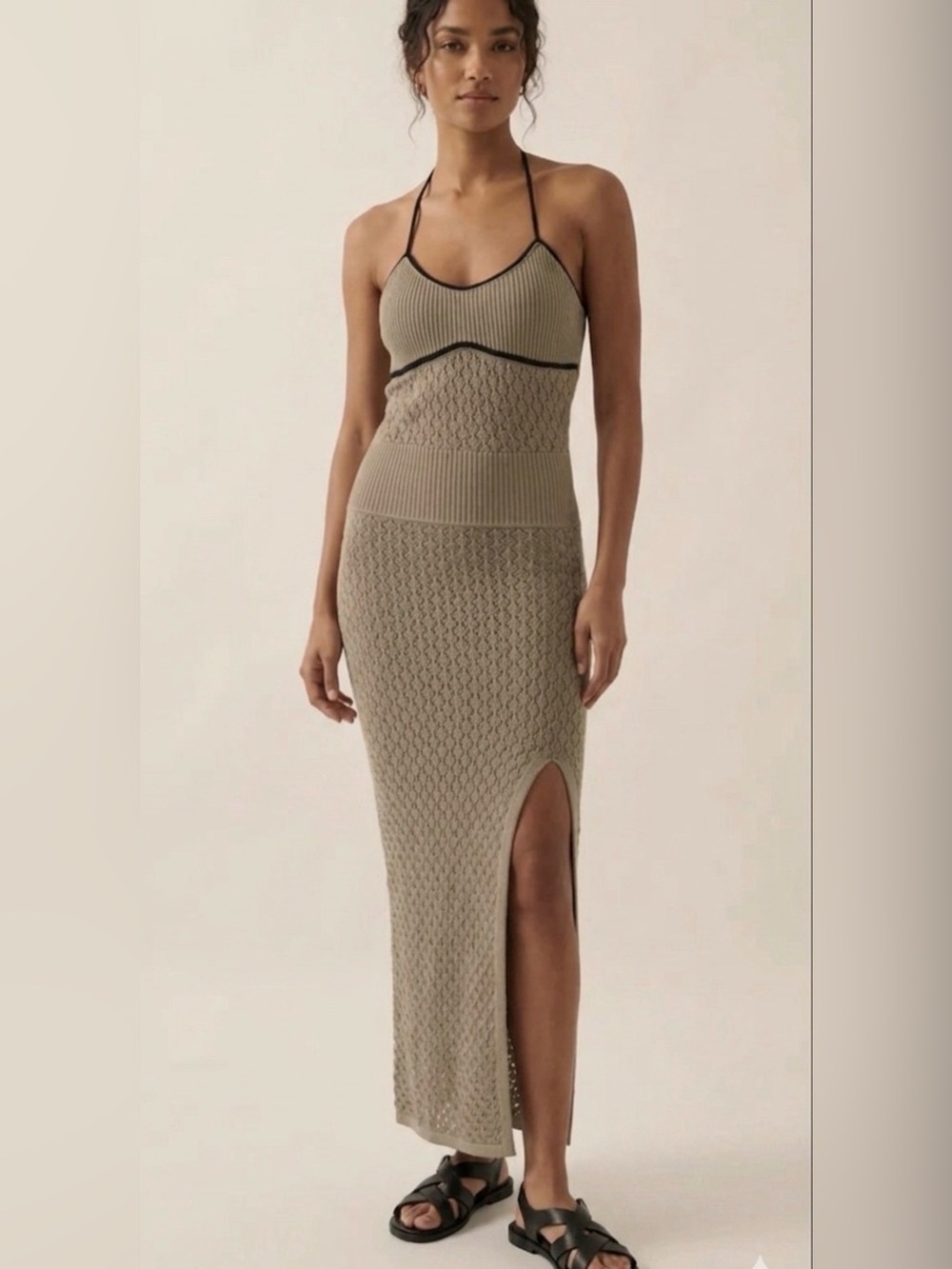 New PROMESA taupe crochet maxi dress halter gorgeous S M L